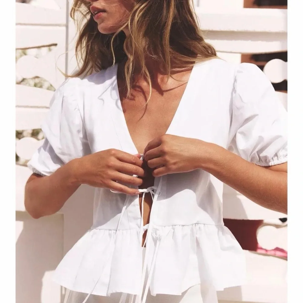 Zara White Peplum Tie-Front Puff Sleeve Blouse